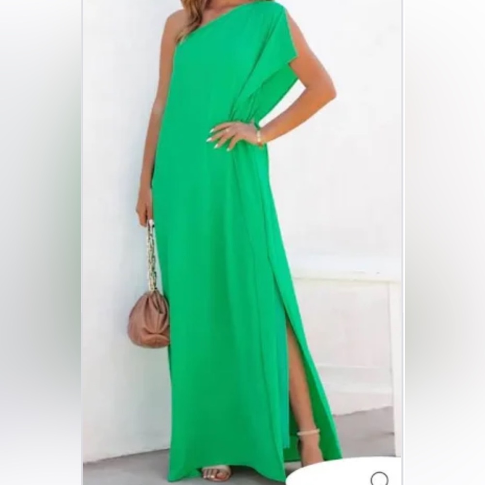 Vici Collection Goddess of Beauty One Shoulder Satin Maxi Dress Emerald Medium